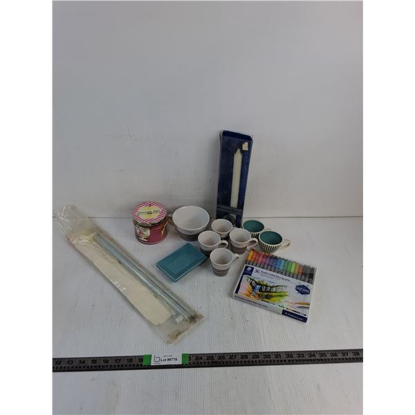 3-Wick Candle, Mug With (6) Espresso Cups, (36) Double Ended Fibre-Tip Pens, Drip Rod, Monogram Cand