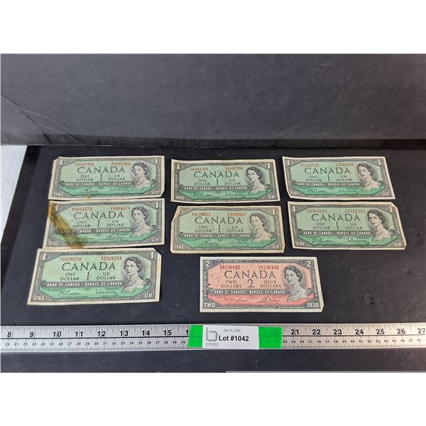 (8) Canadian One & Two Dollar Bills- 1954