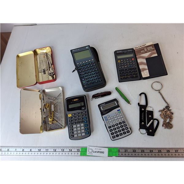(4) Calculators- Two Power on, Geometry Sets, Pirate Keychain, Misc.