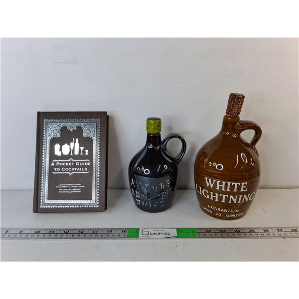 A Pocket Guide to Cocktails Book-Some Water Damage & (2) Stoneware Whisky Jugs Up to 9.5"