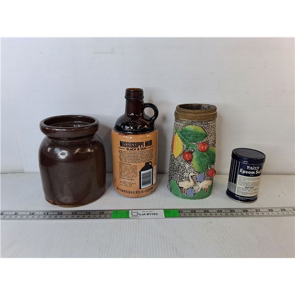 Stoneware Crock, Glass Whisky Jug 8.75", Ceramic Vase, Vintage Epsom Salt Tin