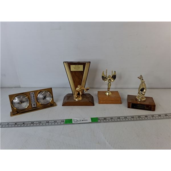 (3) Trophies- Fishing, Victory, Curling & Vintage Brass Desk Weather Station