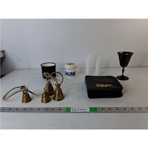 Electroplated Brass Goblet, Unscented Candles, Brass Bells, Misc.