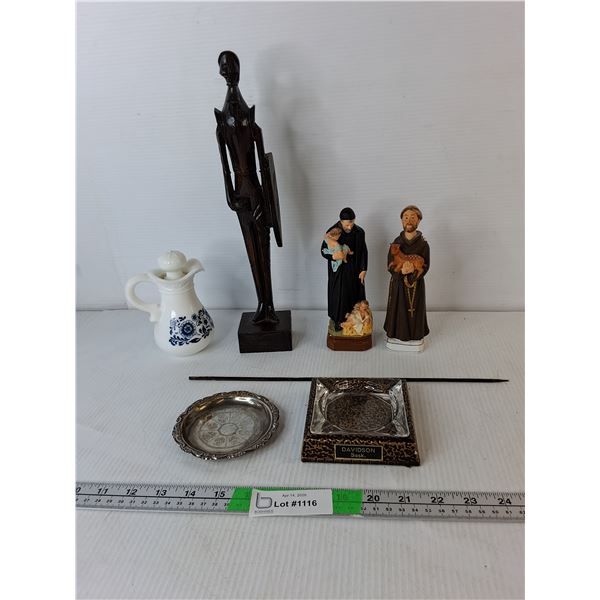 Wooden Knight & Ceramic Saint Figurines Up to 13.5", (2) Ashtrays, Glass Avon Bottle