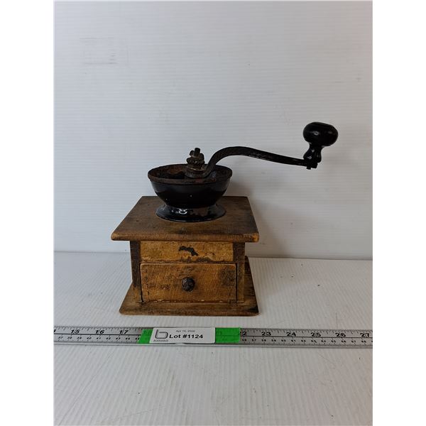 Antique Dovetail Wood & Cast Iron Coffee Grinder
