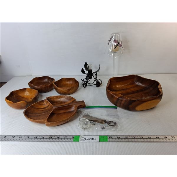 Wooden Dish Set, Glass Candleholder with Shade, Metal Lamp- Powers On, Misc.