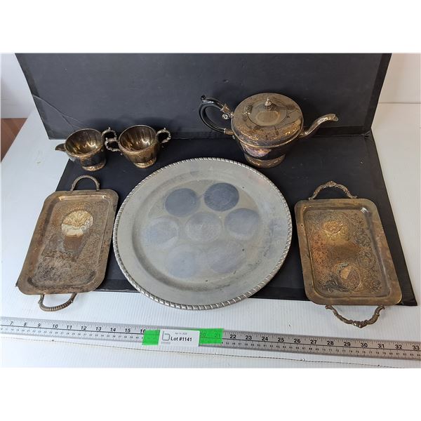 Electroplated Copper Teaset & Silver Colored Metal Tray 13.75", Pickup Preferred