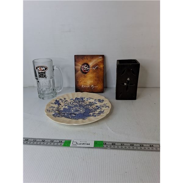 Vintage A & W Mug, The Secret Book, Cast Iron Candleholder- Missing Bottom, Ceramic Plate