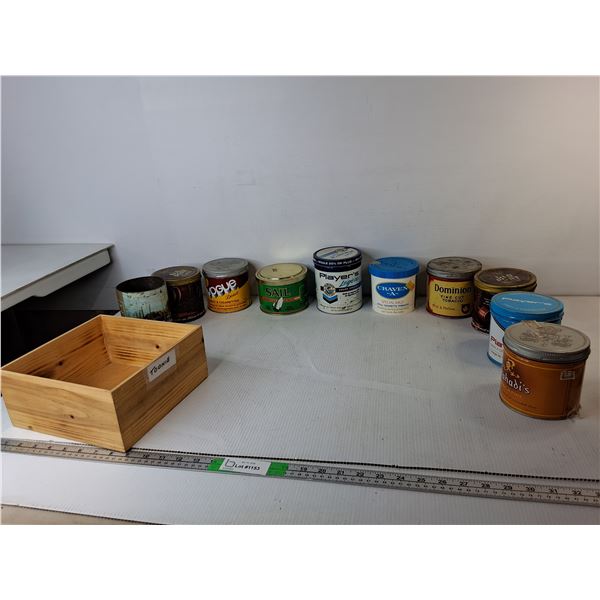Mostly Vintage Tobacco Tins- Dominion, Sail, Vogue, Misc. & Wooden Storage Box 9" x 9" x 4"