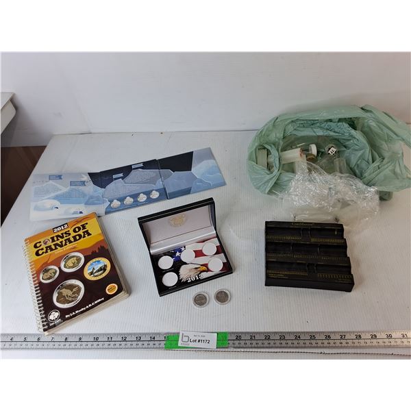(2) American Quarter Dollars-2013, Coins of Canada Book- 30th Edition, Coinmaster Sorting Tray, Misc