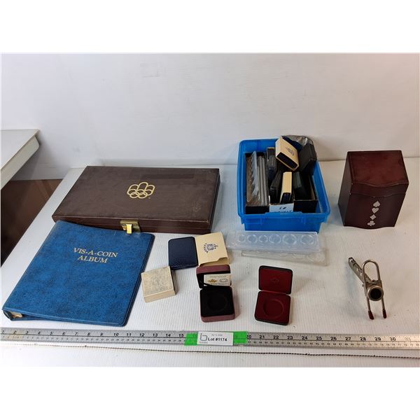 Coin Album, Display Boxes, Wooden Storage Box, Misc.