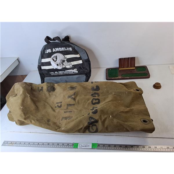 Wooden Coin Sorter, L.A. Raiders Backpack & Military Duffel Bag- As Is