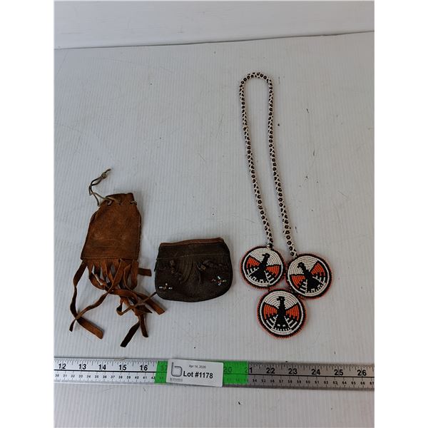 Indigenous Style Necklace 16" & (2) Leather Pouches- No Zipper Pull