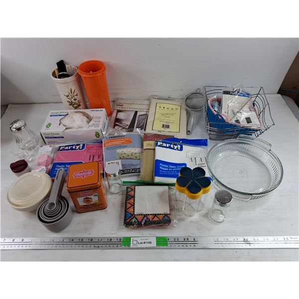 Table Covers, Measuring Scoops, Tupperware Canister, Suit Bag, Pie Dish, Napkins, Misc