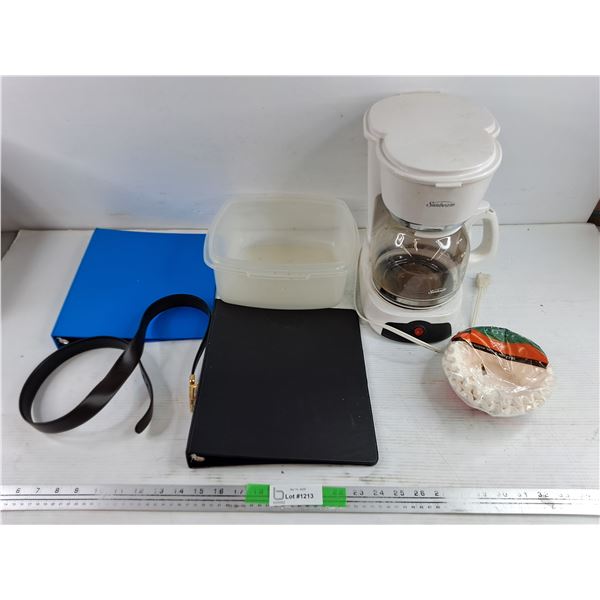 (2) Folders, Sunbeam Coffee Machine w/Filters - Powers On, As Is, Faux Leather Belt - PICK UP