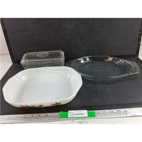 Milk Glass Casserole Dish, Glass Butter Dish w/Lid, Glass Serving Dish