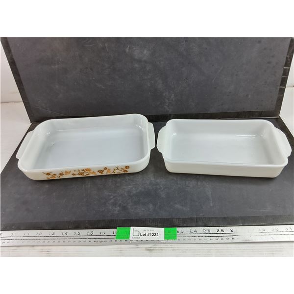 (2) Milk Glass Casserole Dishes - Fire King, Thermo Ray