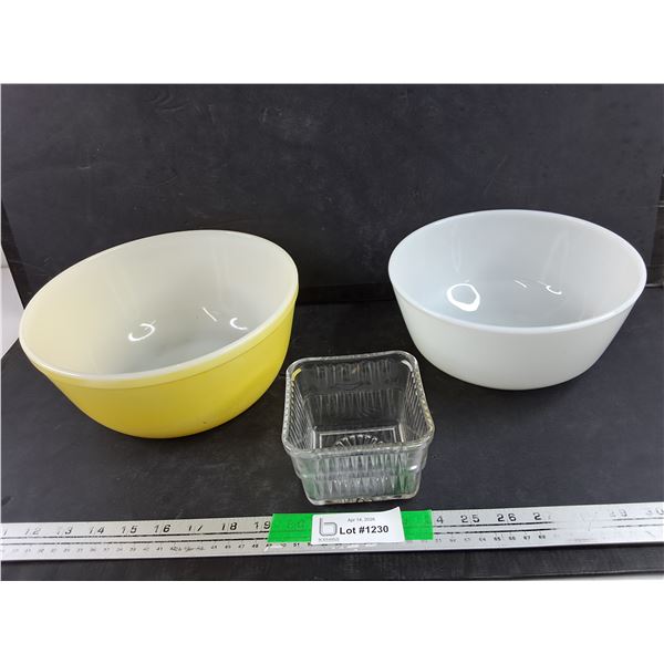 (2) Milk Glass Bowls - Fire King, Maid of Honor, Square Glass Dish