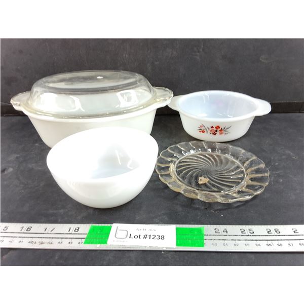 6" Glass Plate, Fire King Milk Glass Casserole Dish w/Lid & (2) Milk Glass Bowls