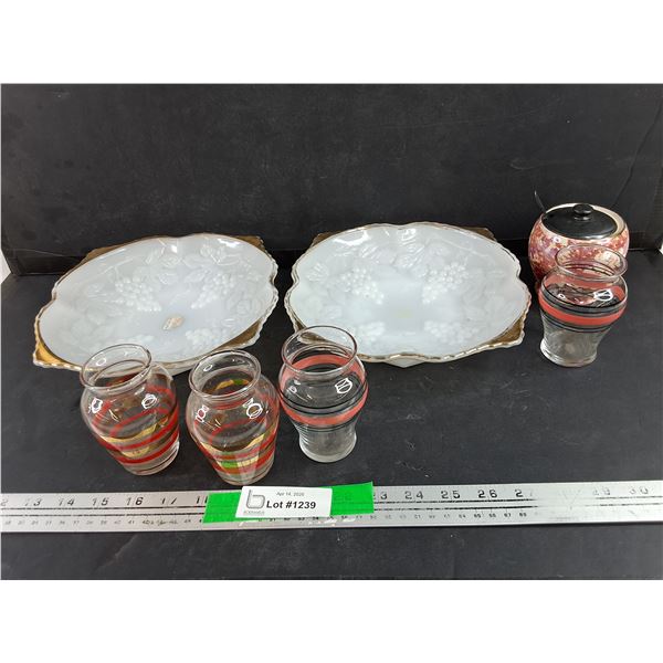 (2) Anchor Hocking Footed Bowl, Royal Minton Sugar Dish & Glass Vases