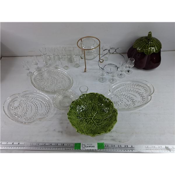 Glass Serving Plates, Ceramic Egg Plant Cookie Jar, Cabbage Leaf Bowl, Mini Goblets, Misc