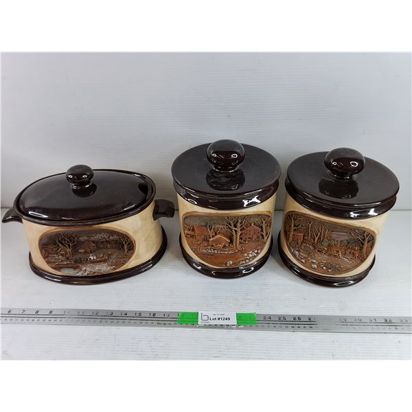 Vintage Ceramic Kitchen Canister Set w/ Relief Countryside Scenes - Pick Up Preferred