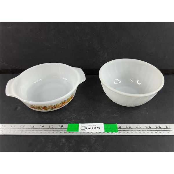 7" Fire King Milk Glass Bowl, Anchor Hocking Casserole Dish - Chipped