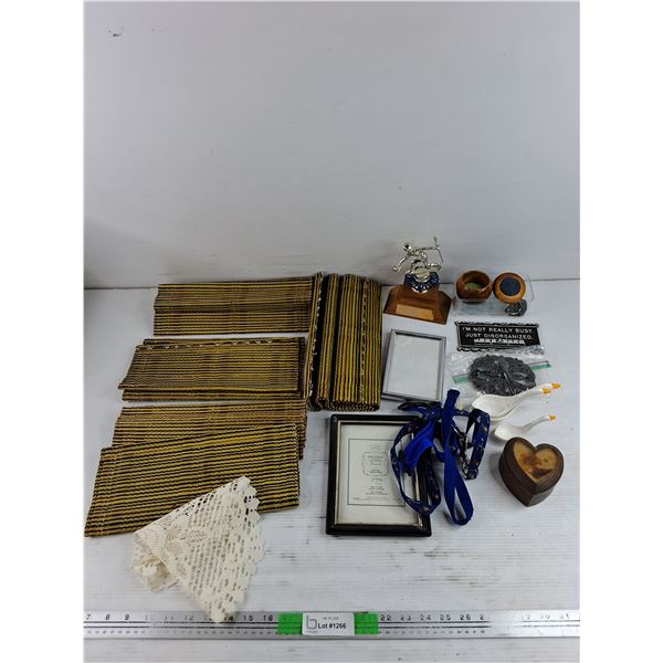 (6)  Placemats, Heart Shaped Jewelry Box, Picture Frames, Pet Harness, Measuring Spoons, Misc