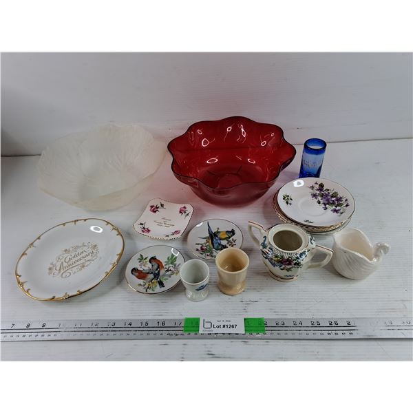 Plastic Cabbage Bowl, Saucers, Egg Cups, Hand Painted Sugar Dish, Ceramic Plates, Misc