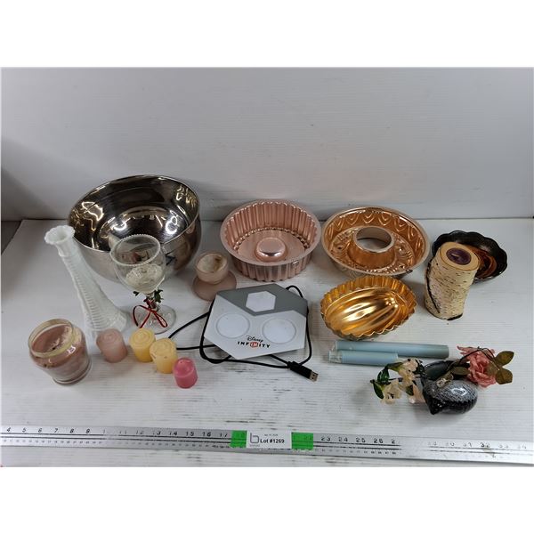 10" Mixing Bowl, Bundt Pan, Milk Glass Vase, Candle Holders & Tea Lights, Misc