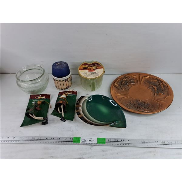 Copper Wall Plate, (3) Measuring Cups, Ornaments,  Blue Candle, Misc
