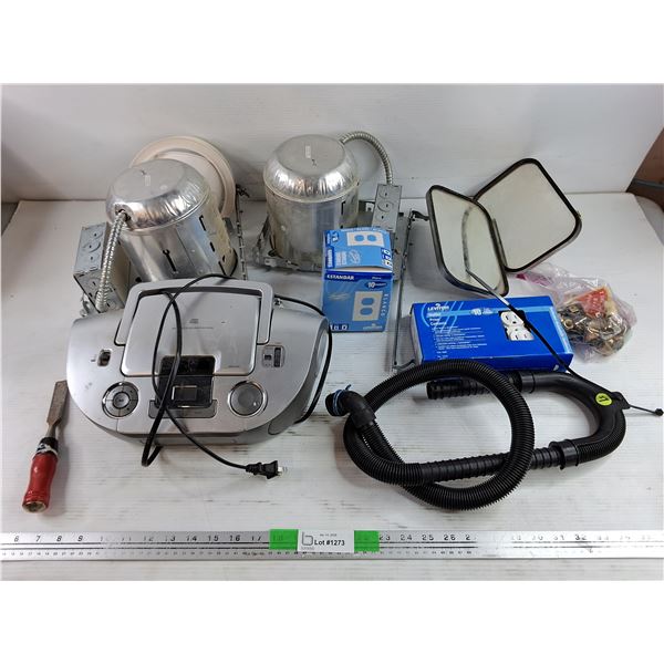 (2) Industrial Light Fixtures, Wall Plates & Outlets, Side View Mirrors, CD Soundmachine - Powers On