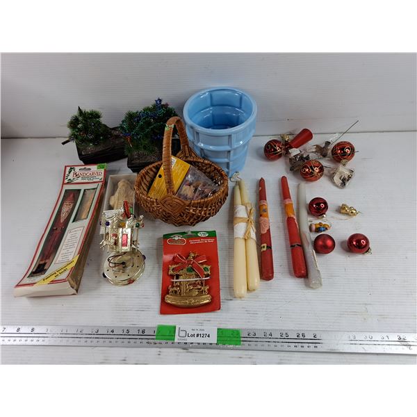 Wooden Santa, Candle Sticks, Ceramic Planter, Artificial Plants, Wicker Basket & Ornaments