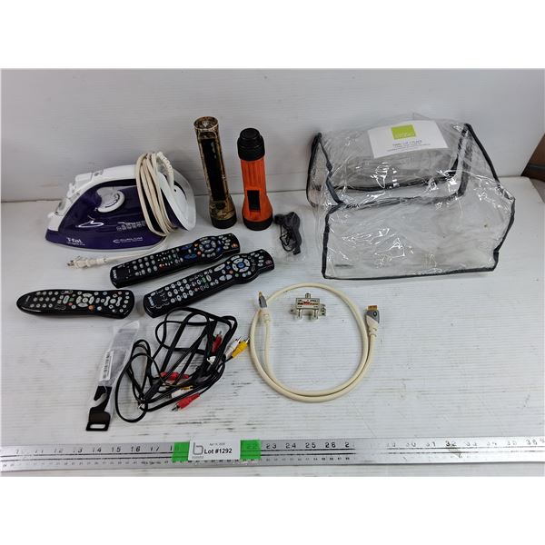 T Fal Ultraglide Pro Clothes Iron, (2) Flashlights, Powers On, As Is, HMDI & TV Cables, Remotes