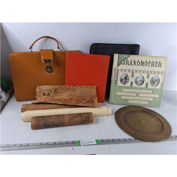 (4) Vintage Maps, Brown Brief Case, Brass Vintage Plate, Misc - PICK UP