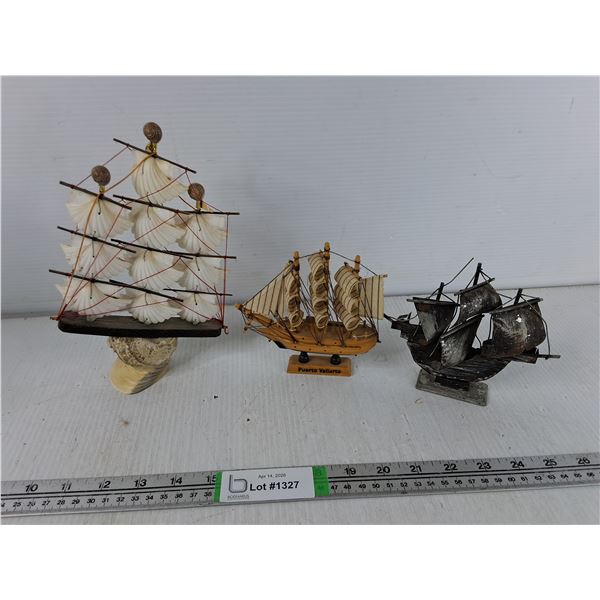 (3) Various Sail Boats - Sea Shell, Metal, Wooden - PICK UP