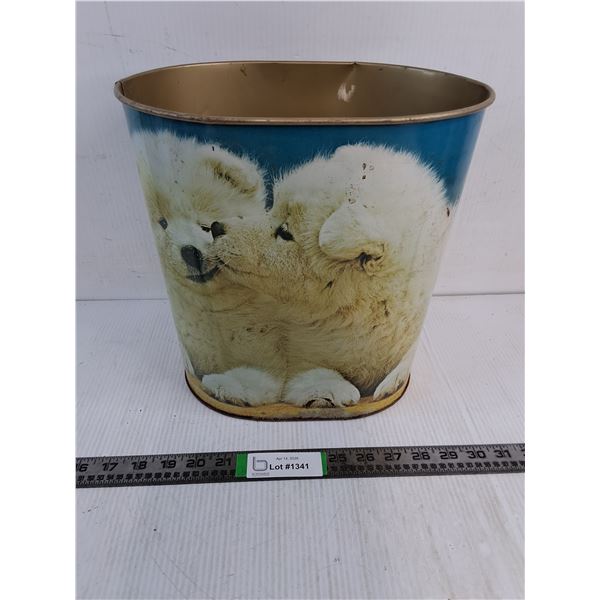Metal Waste Basket Featuring Fluffy Puppies - AS IS