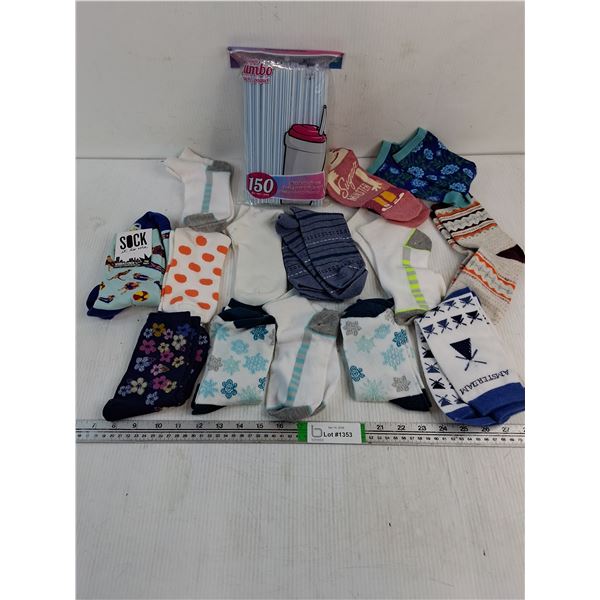(14) Pairs of Women's Crew and Anklet Socks, (1) Pkg.Plastic Straws