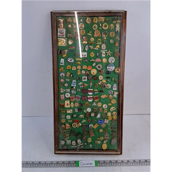 Large Collection of Souvenir Pinbacks in Covered Display Case - PICK UP