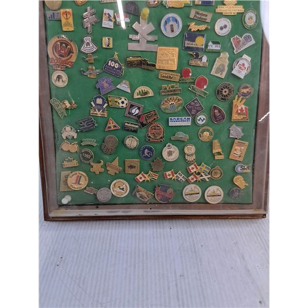 Large Collection of Souvenir Pinbacks in Covered Display Case - PICK UP