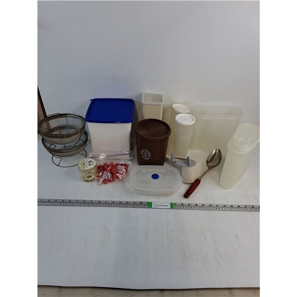 Household Lot: Tupperware,Strainers,Cookie Cutters,Spoon,Candle,Plasticware