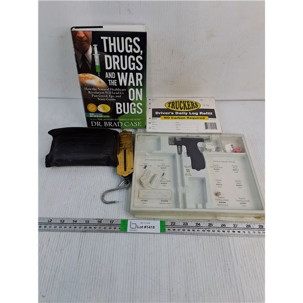 (2) Trucker Log Books,Brass Spring Scale,Ear Piercing Gun,Disposable Camera,Book