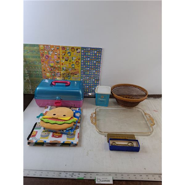 Childrens Colouring Pads, Marker & Crayon box, Straw basket, Glass tray, Cigarette Container & "The