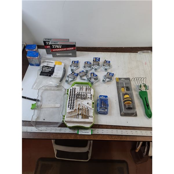 Assorted Car Parts, (8) 2" ratchet strap  DoubleJ hooks, Ratchet Ball Driver, Mini Wire Broom