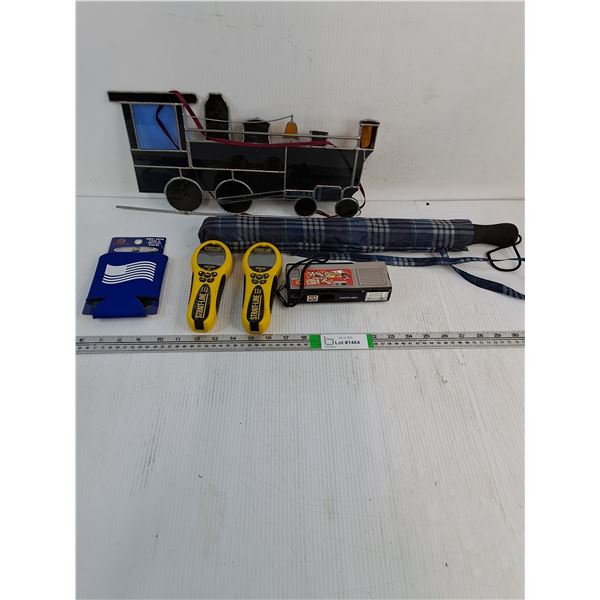 (2) Strait Line Sonic Laser Tape Measures,Umbrella,Stain Glass Train Suncatcher,Camera,Coozie