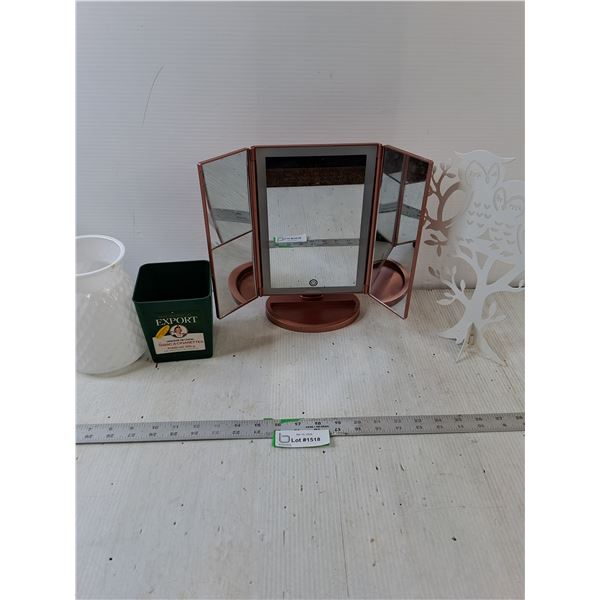 Ladies Make Up Mirror-Stand, White Owls Ornament, White flower Vase, Macdonald Export Tabacco Contai