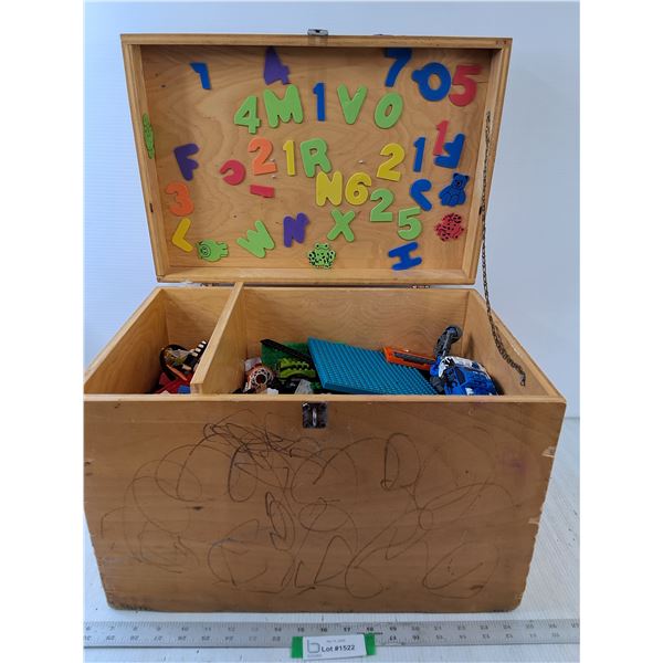 Childrens Wooden Chest With Assorted Lego Pieces and Toys - PICK UP