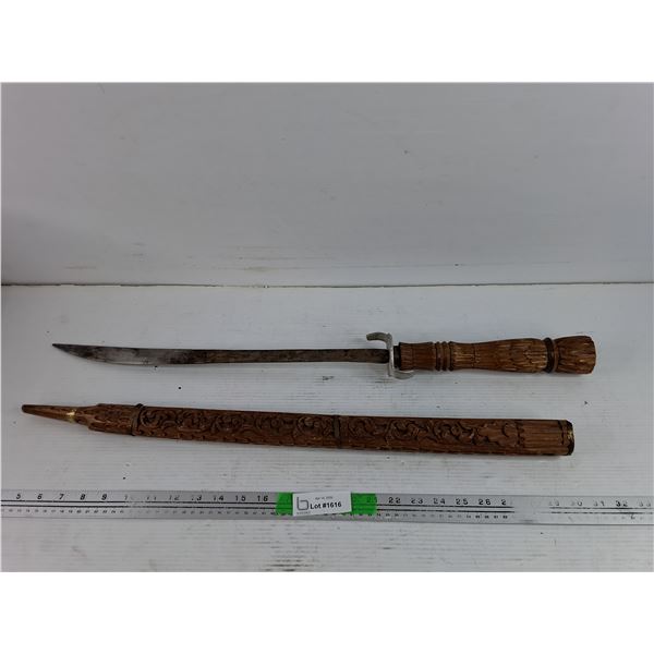 Vintage Handcrafted Sword w/ Carved Wood Sheath