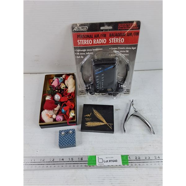 Christmas Ornaments, Personal AM/FM Stereo Radio, Diamond-like Earrings, Pet Nail Clipper, Misc