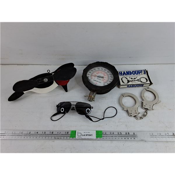 Ecoline Gauge, Sunglasses, Handcuffs - No Keys, Woodpecker Whirly Gig